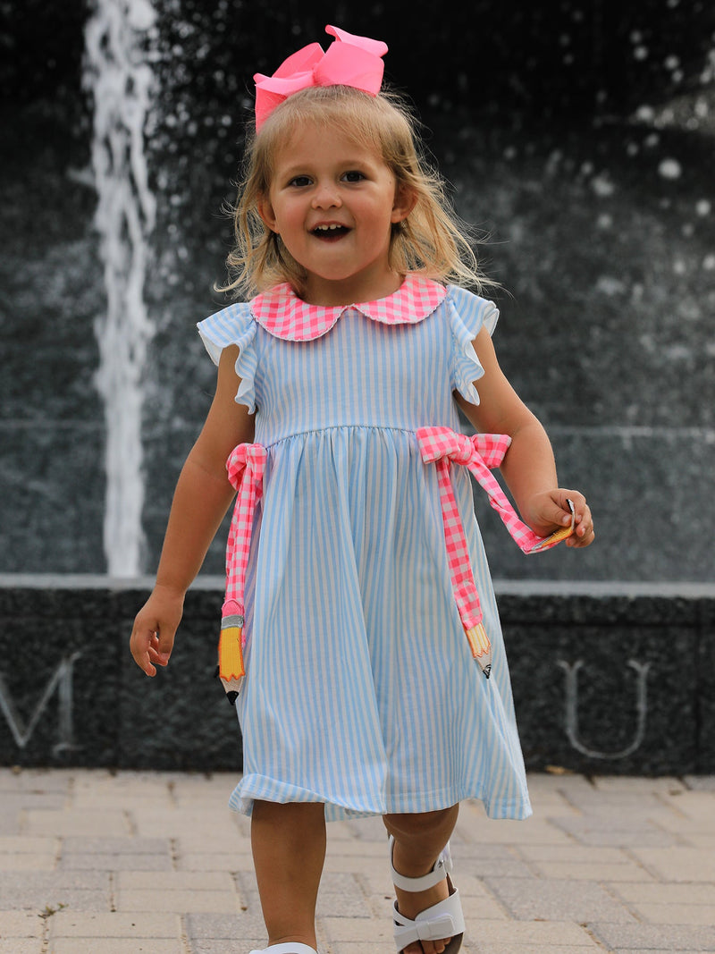Back To School Girls Striped lapels Bow Dress - 1
