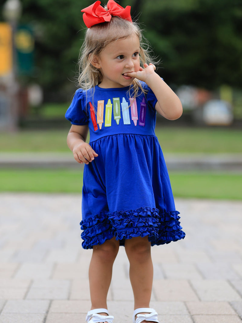 Girls Back To School Crayon Twirl Dress Ruffle Applique - 1