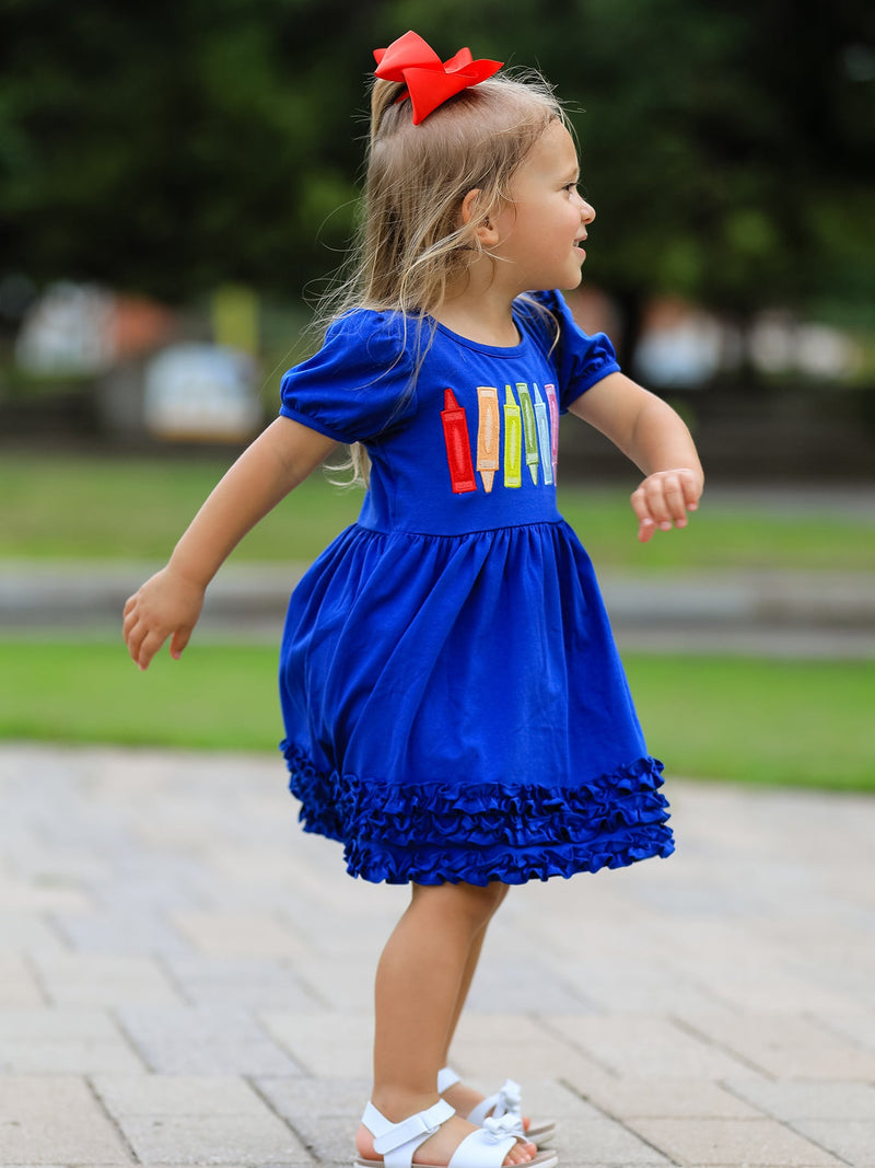 Girls Back To School Crayon Twirl Dress Ruffle Applique - 5