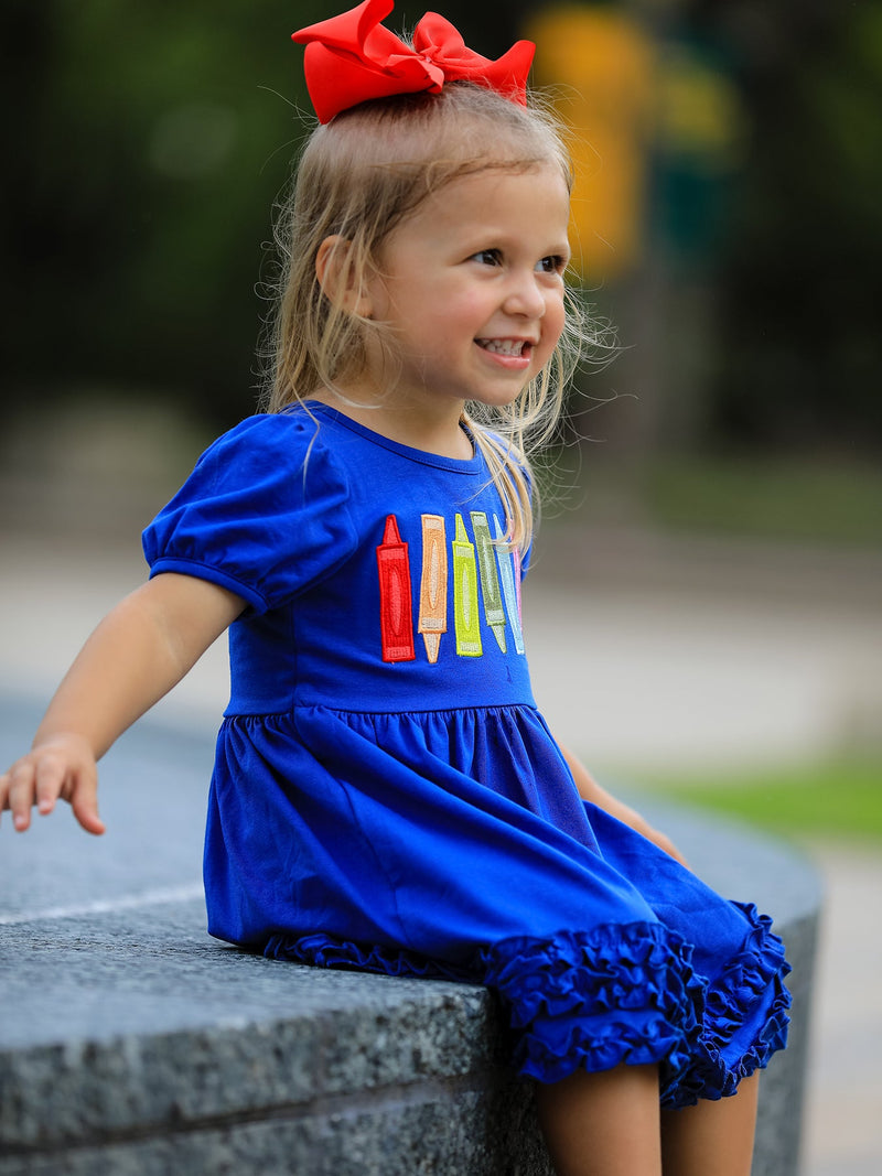 Girls Back To School Crayon Twirl Dress Ruffle Applique - 3