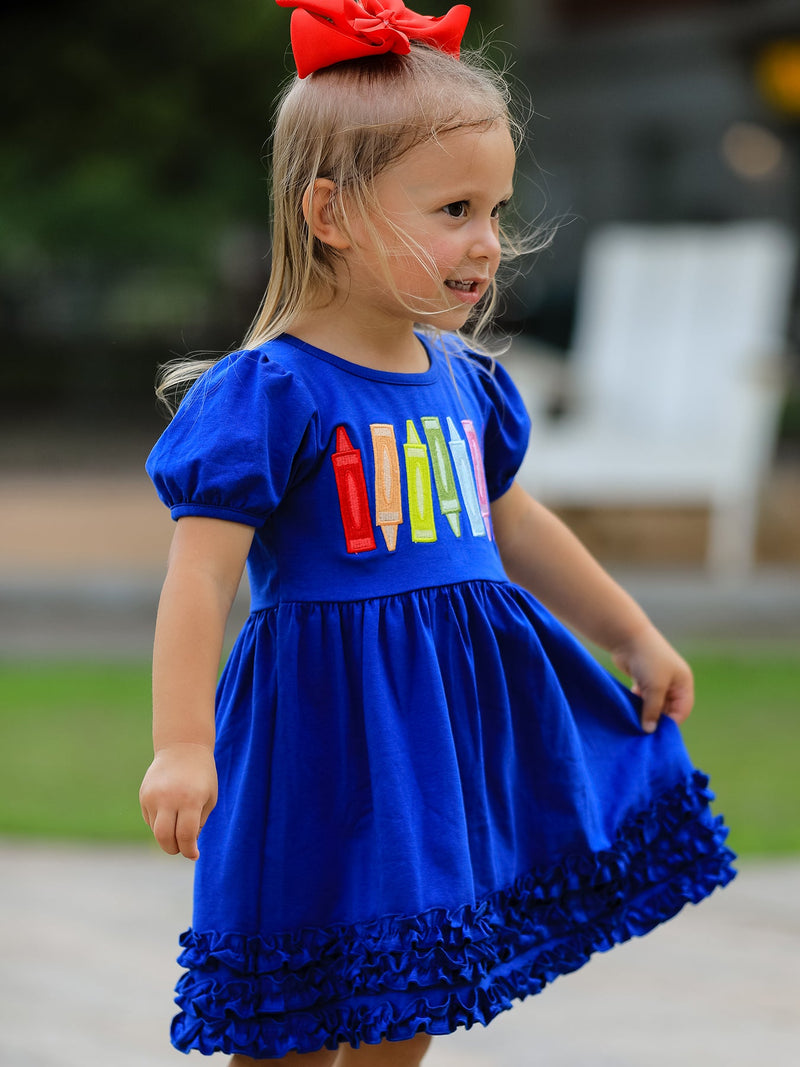 Girls Back To School Crayon Twirl Dress Ruffle Applique - 2