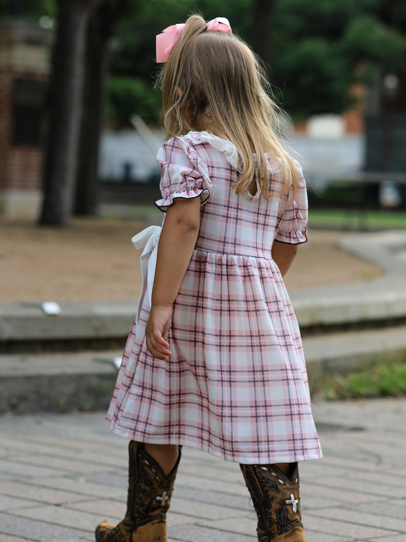 Western Horse Embroidered Smocked Plaid Girls Dress - 5