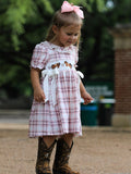 Western Horse Embroidered Smocked Plaid Girls Dress - 4