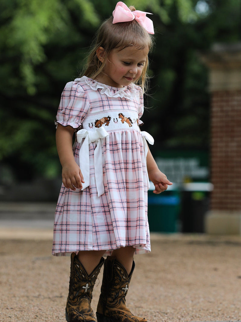 Western Horse Embroidered Smocked Plaid Girls Dress - 4