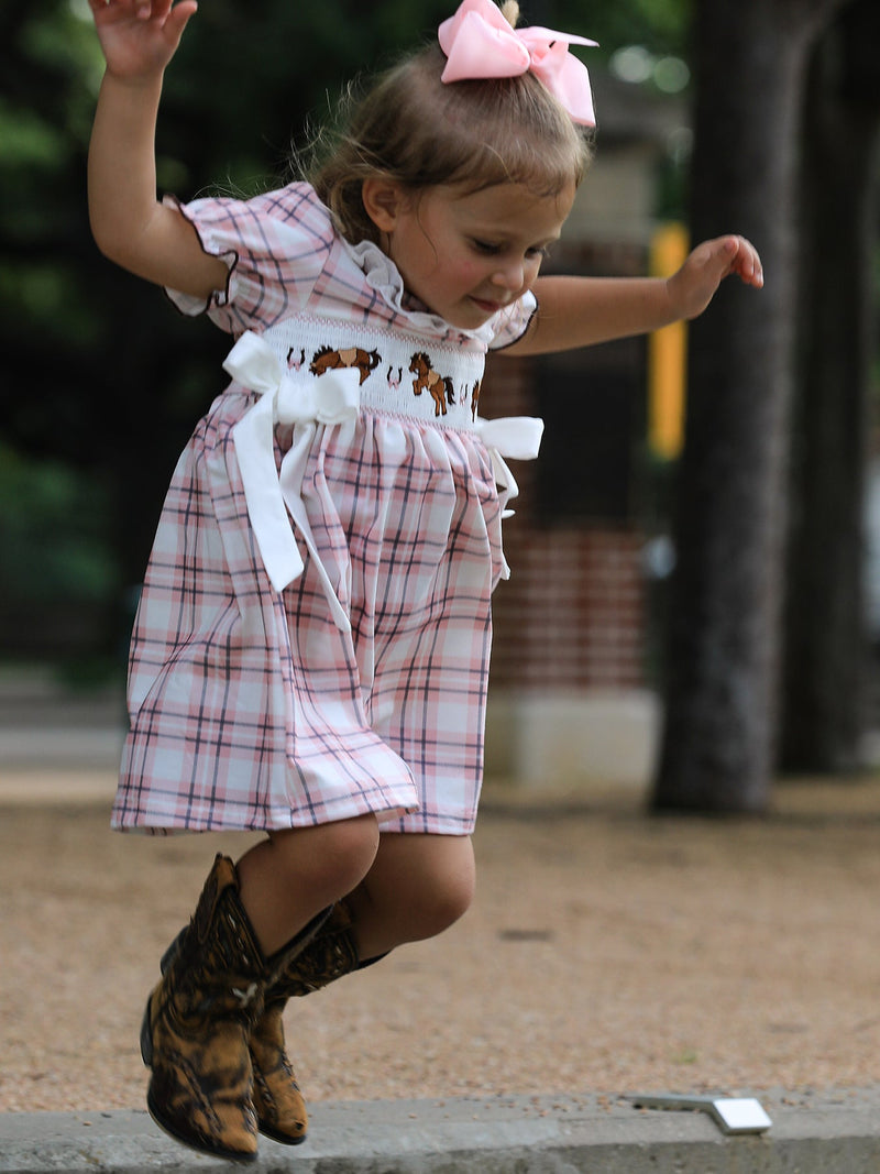 Western Horse Embroidered Smocked Plaid Girls Dress - 2