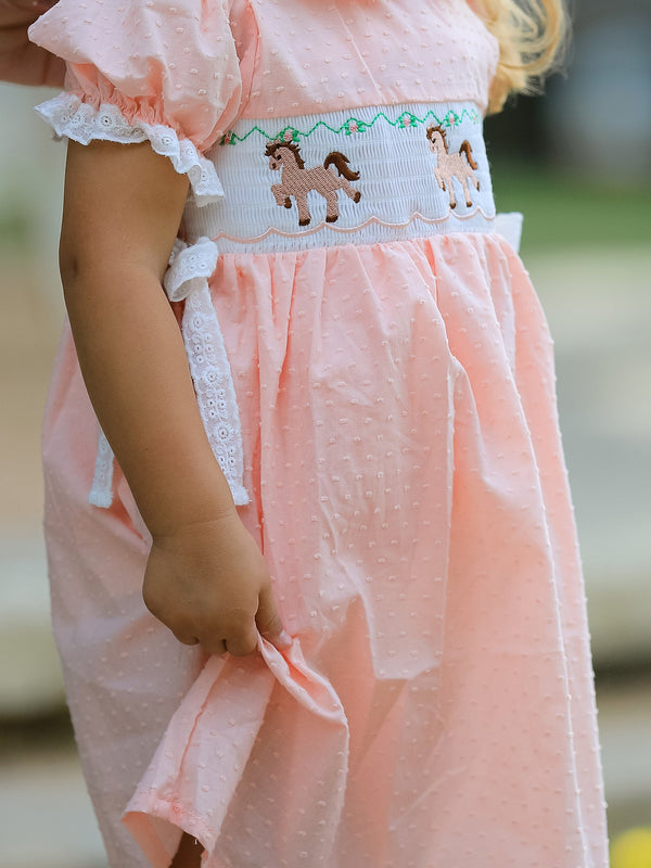 Girls Smocked Horse Embroidery Puff Sleeve Dress