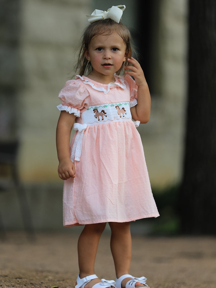Girls Smocked Horse Embroidery Puff Sleeve Dress