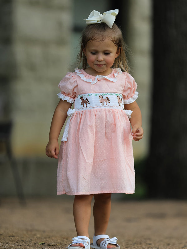 Girls Smocked Horse Embroidery Puff Sleeve Dress