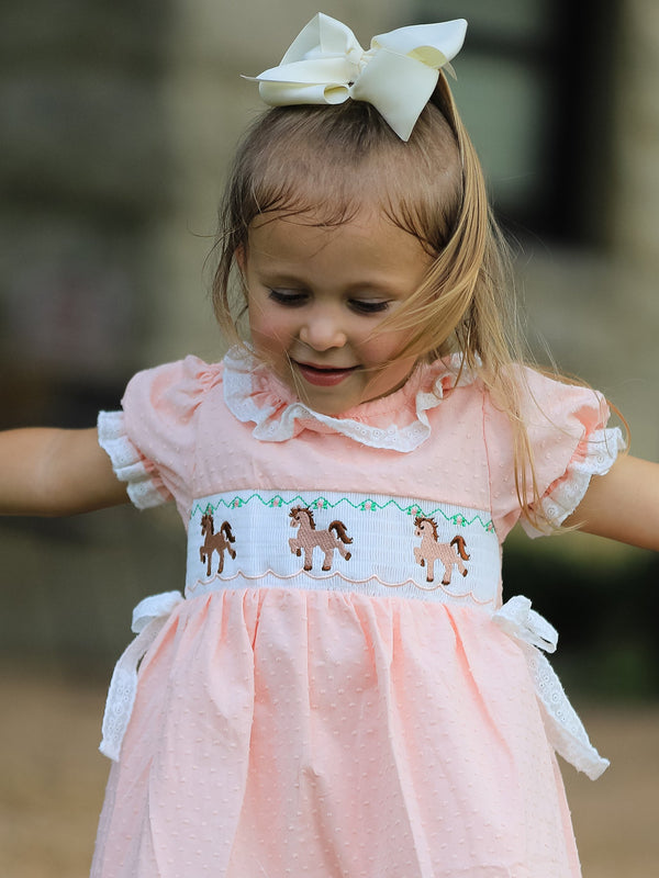 Girls Smocked Horse Embroidery Puff Sleeve Dress