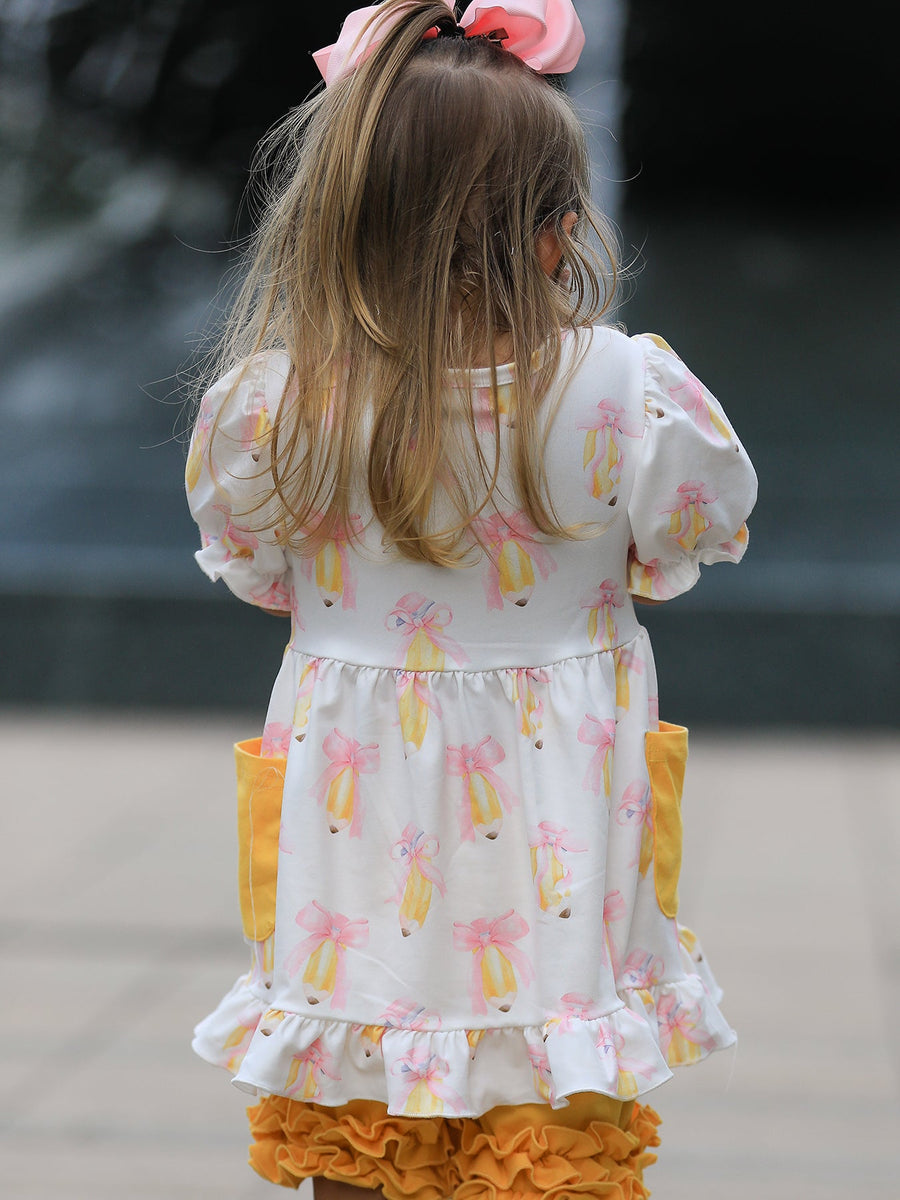 Girls Back To School Pencil Bow Ruffle Top & Shorts Set