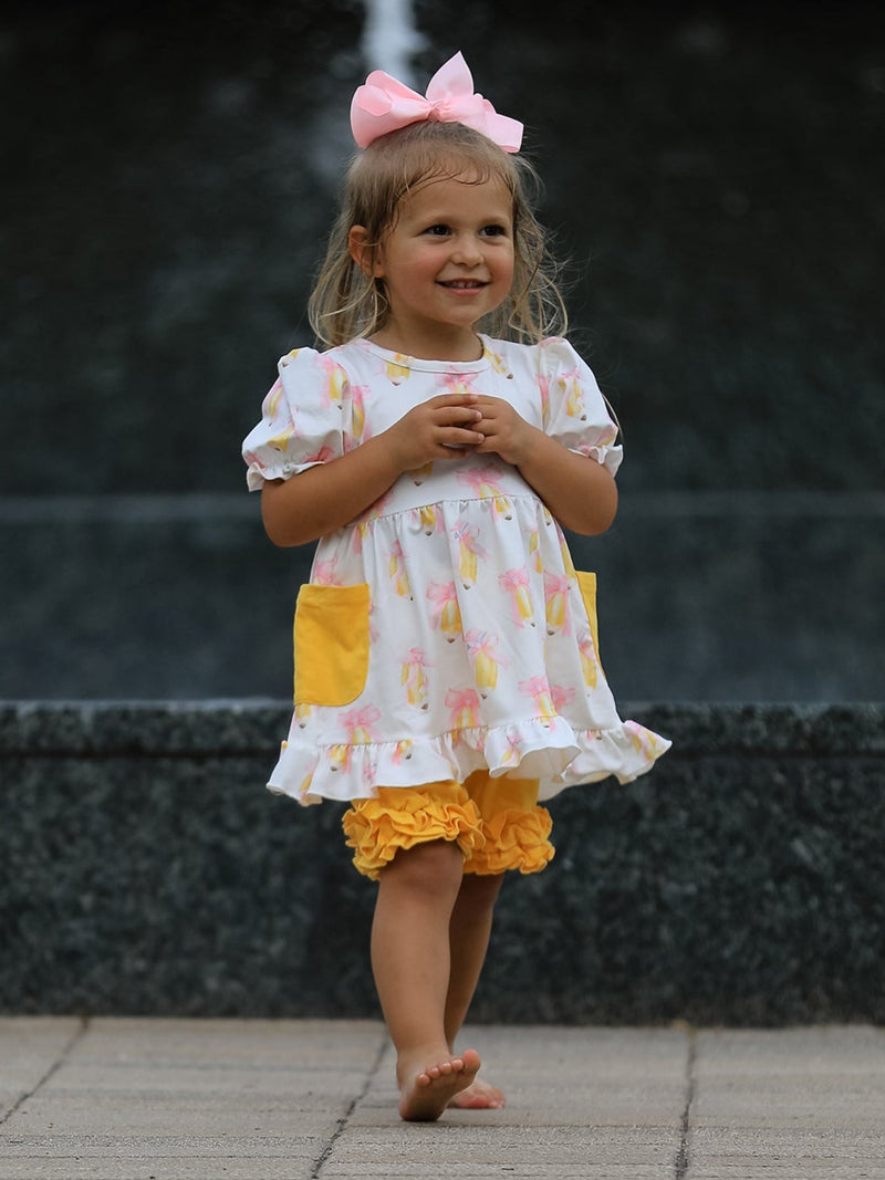 Girls Back To School Pencil Bow Ruffle Top & Shorts Set - 2