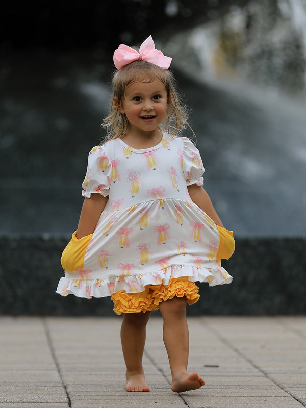 Girls Back To School Pencil Bow Ruffle Top & Shorts Set