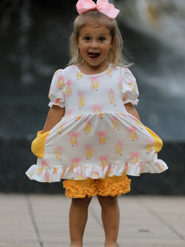 Girls Back To School Pencil Bow Ruffle Top & Shorts Set
