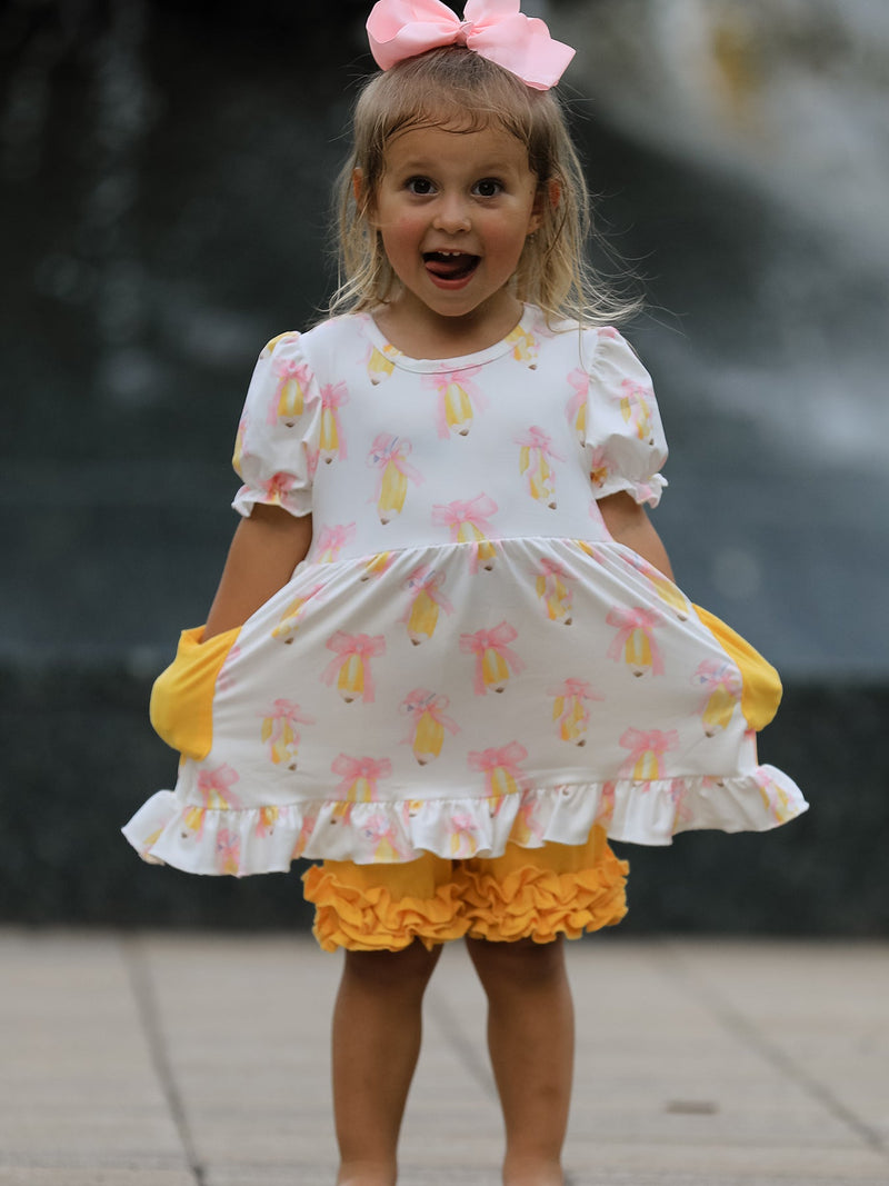 Girls Back To School Pencil Bow Ruffle Top & Shorts Set - 4