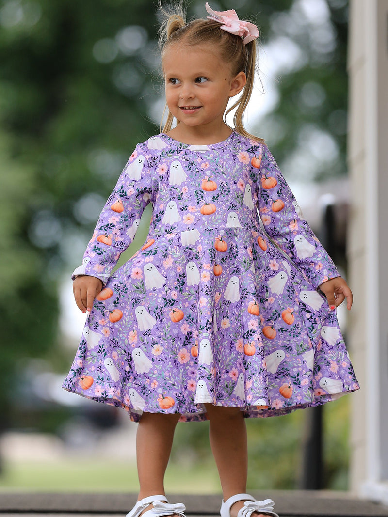 Halloween Ghost Pumpkin Girls Long Sleeve Twirl Dress - 1