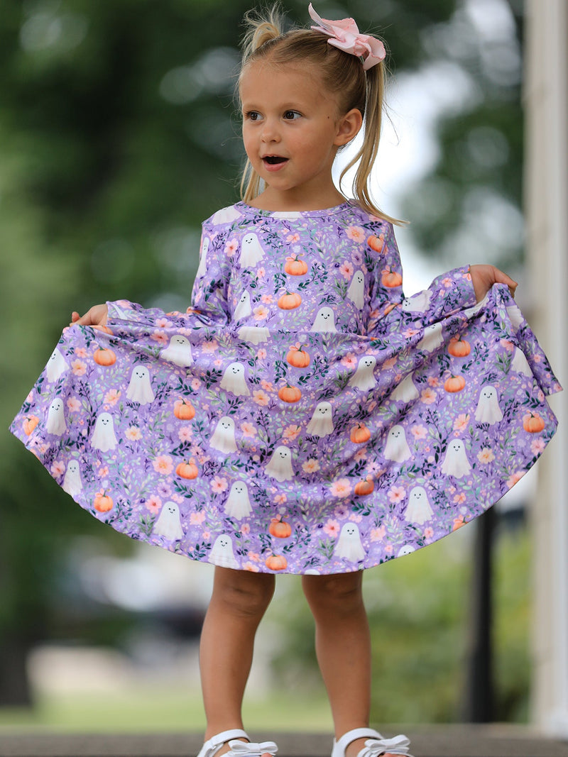 Halloween Ghost Pumpkin Girls Long Sleeve Twirl Dress - 2