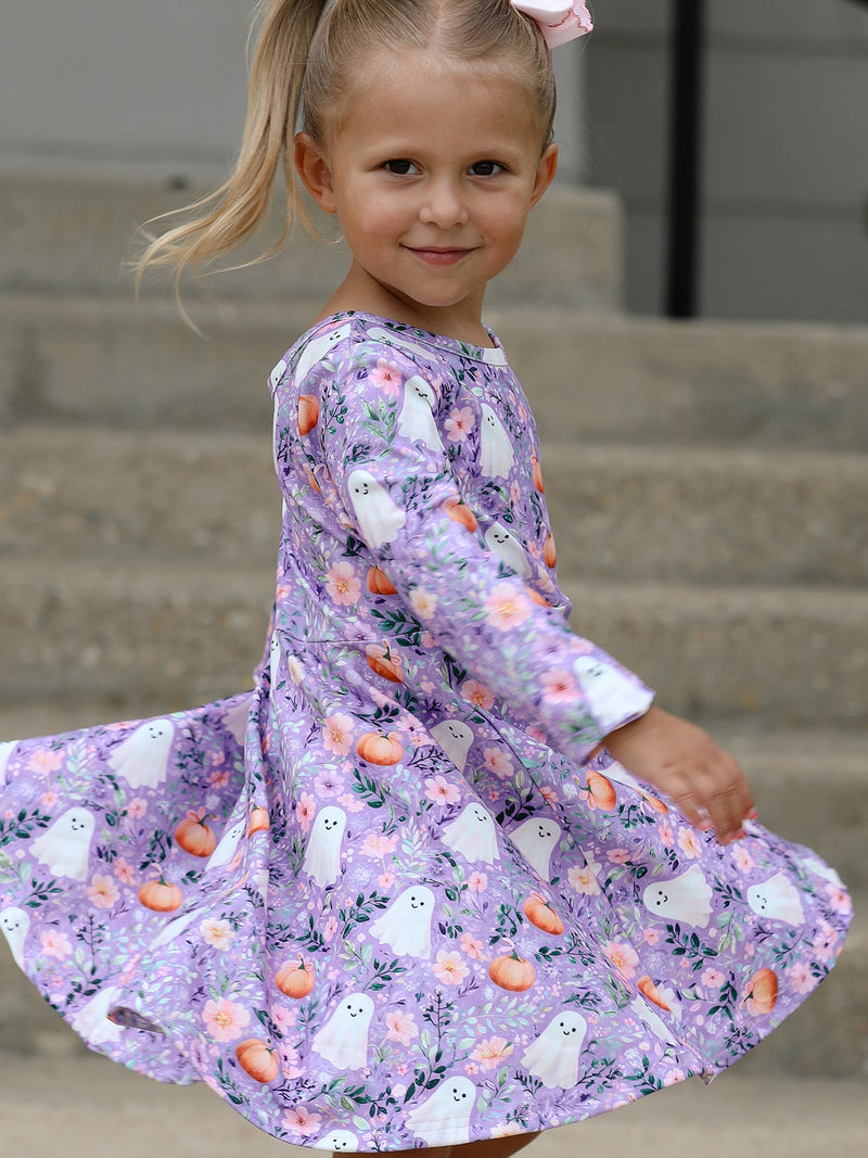 Halloween Ghost Pumpkin Girls Long Sleeve Twirl Dress - 3