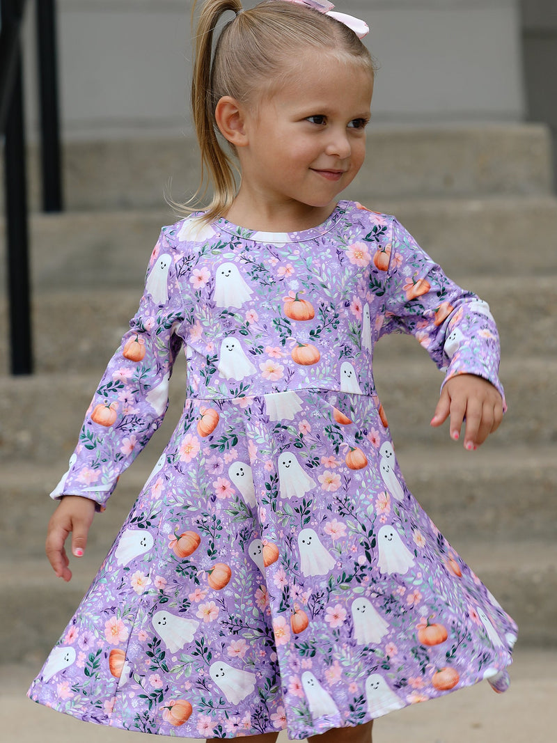 Halloween Ghost Pumpkin Girls Long Sleeve Twirl Dress - 4