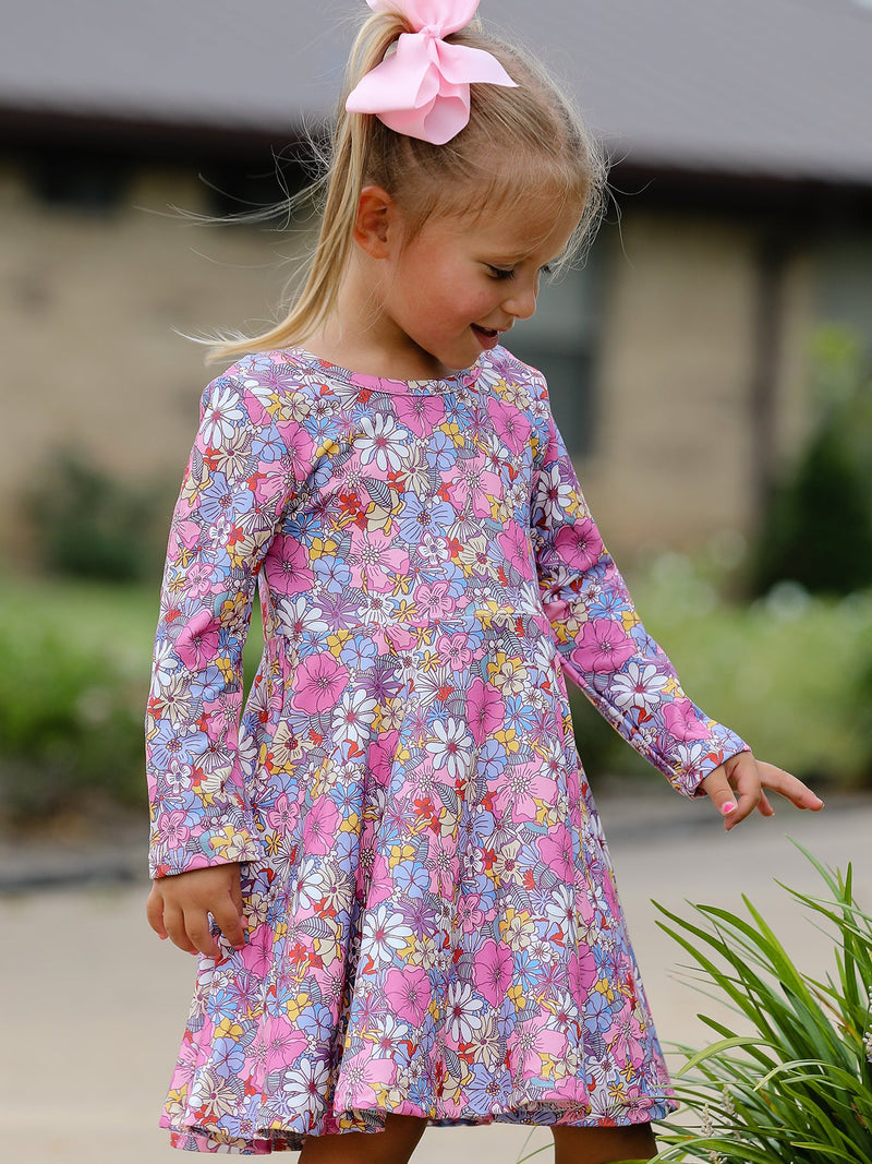 Fall Vintage Floral Print Girls Long Sleeve Twirl Dress - 1
