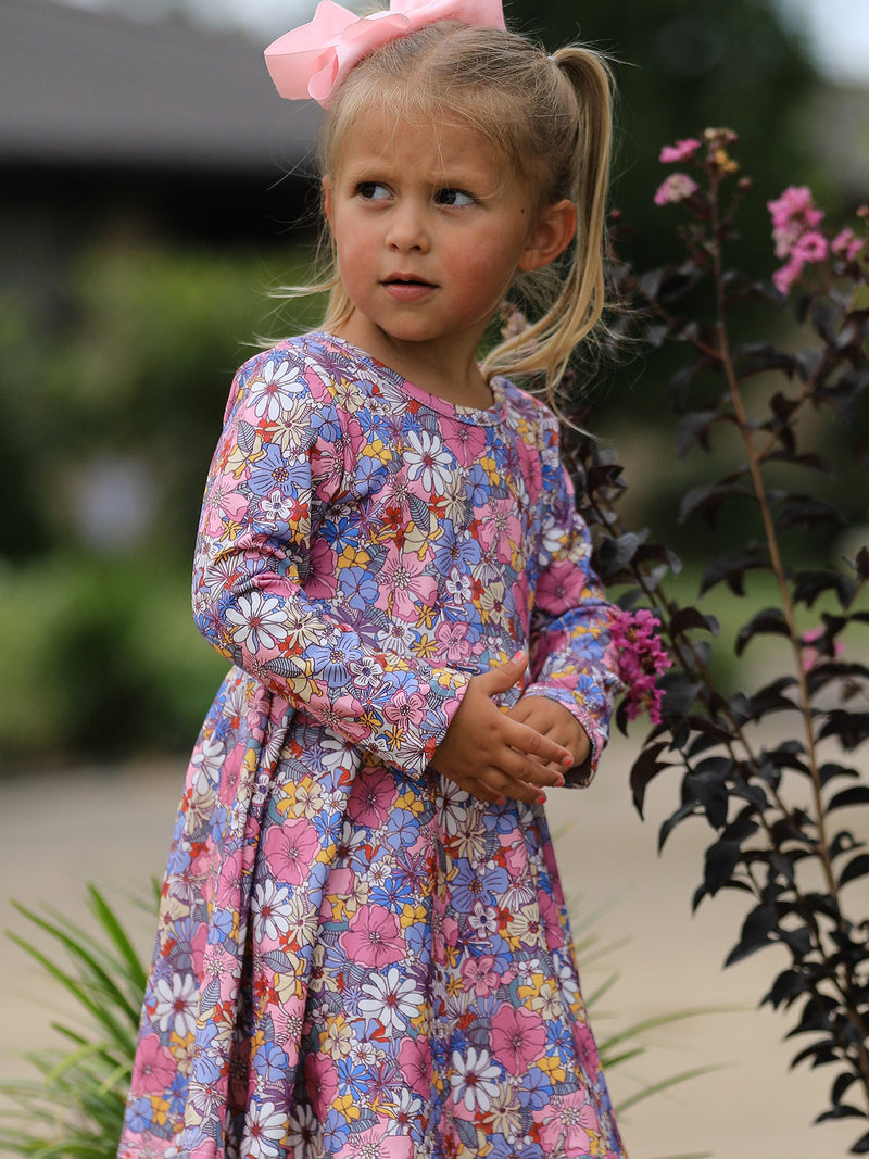 Fall Vintage Floral Print Girls Long Sleeve Twirl Dress - 5