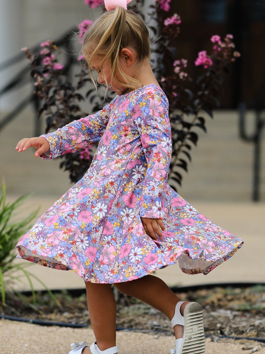 Fall Vintage Floral Print Girls Long Sleeve Twirl Dress