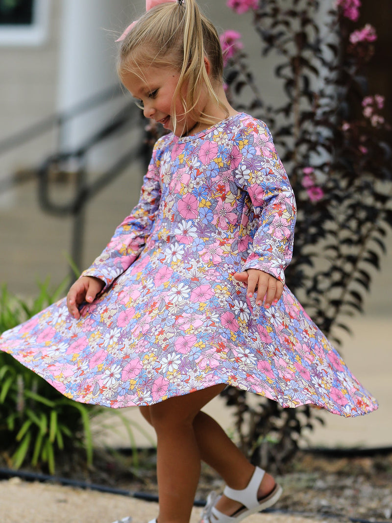 Fall Vintage Floral Print Girls Long Sleeve Twirl Dress - 2