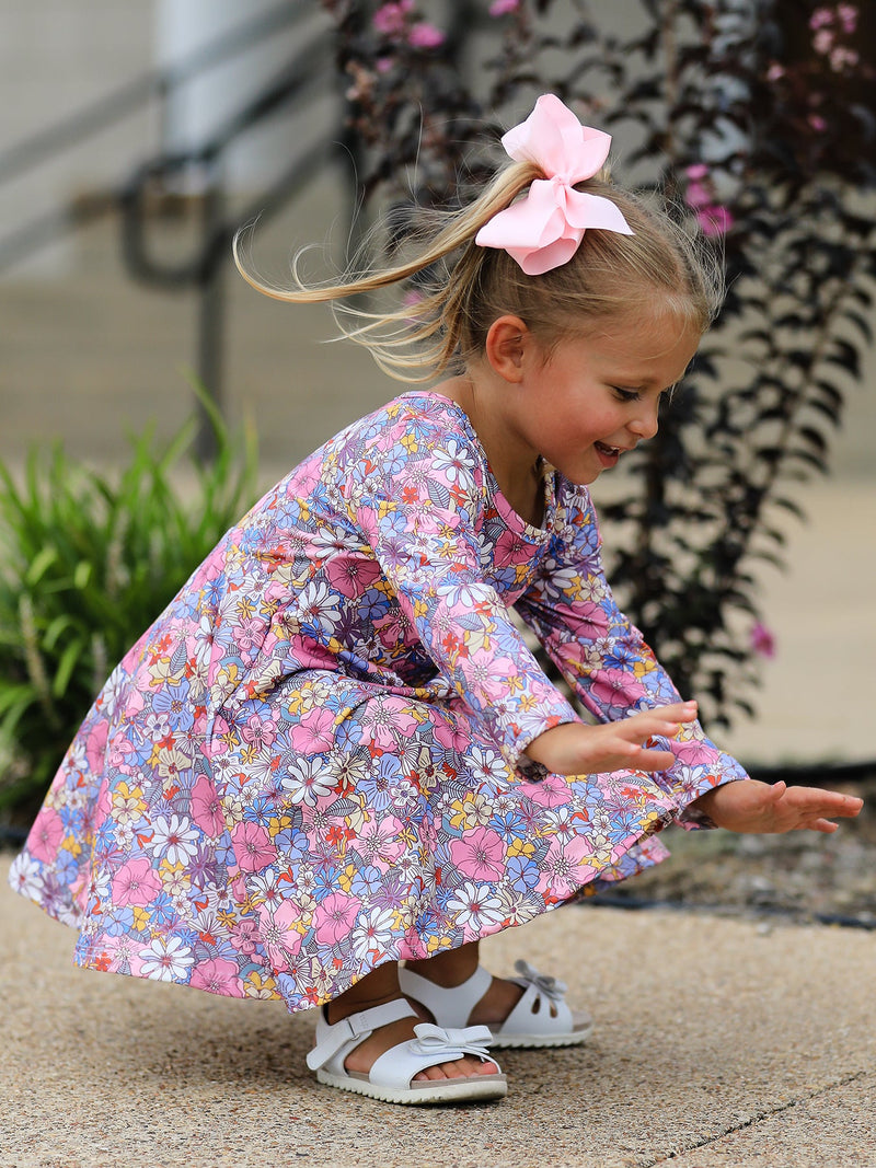 Fall Vintage Floral Print Girls Long Sleeve Twirl Dress - 6