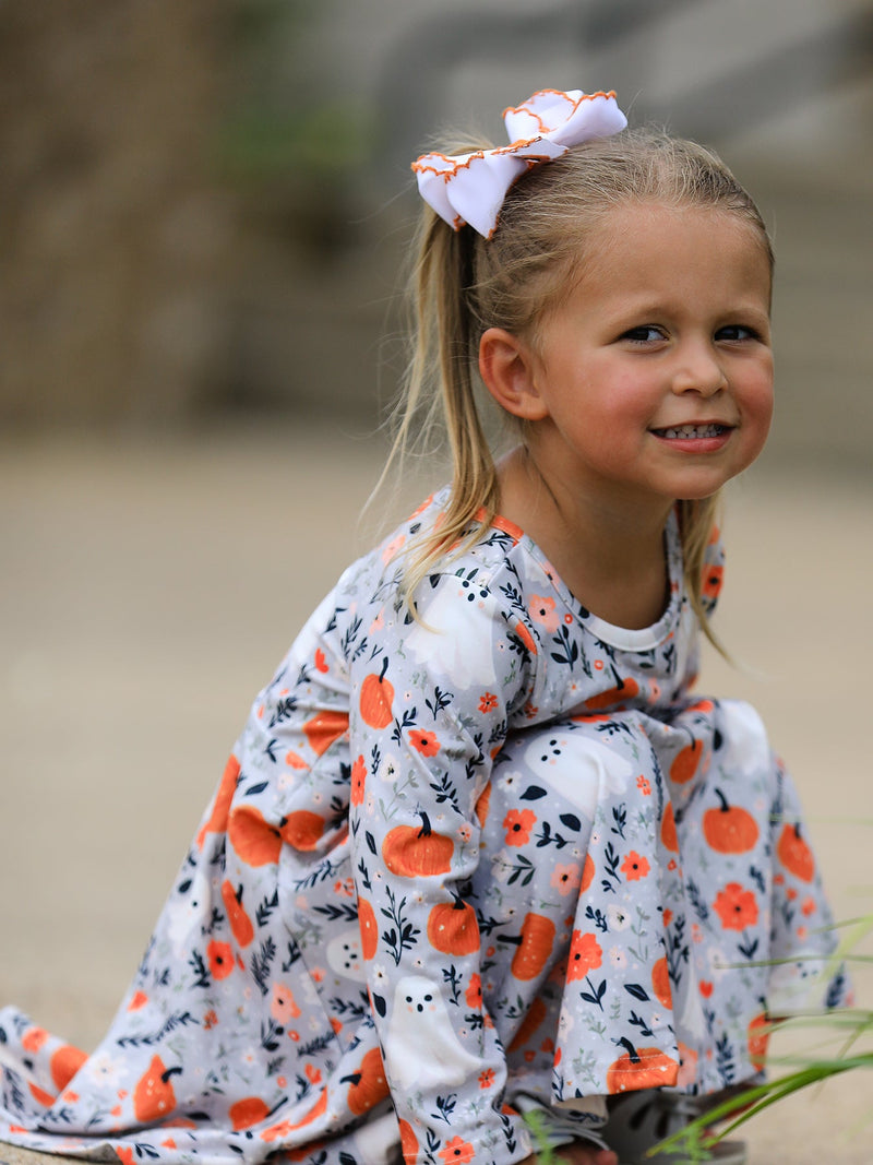 Halloween Pumpkin Ghost Girls Dress Long Sleeve Twirl Dress - 2
