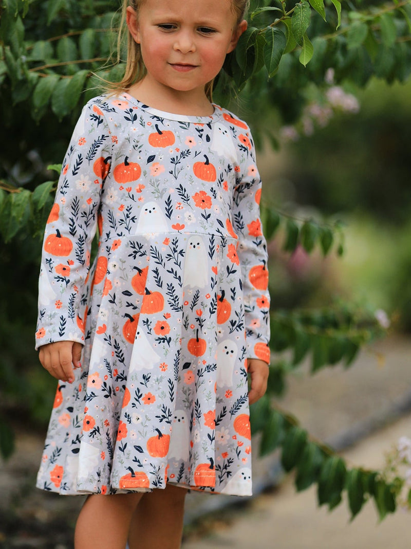 Halloween Pumpkin Ghost Girls Dress Long Sleeve Twirl Dress - 1