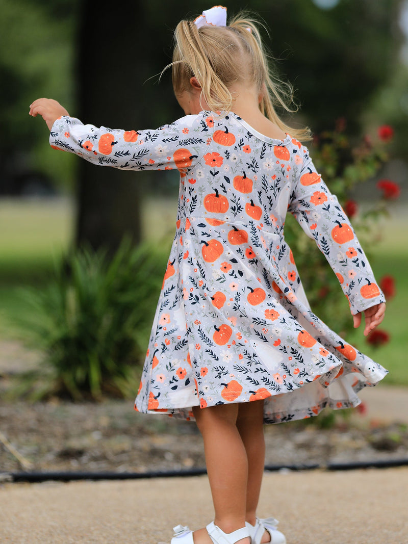 Halloween Pumpkin Ghost Girls Dress Long Sleeve Twirl Dress - 4