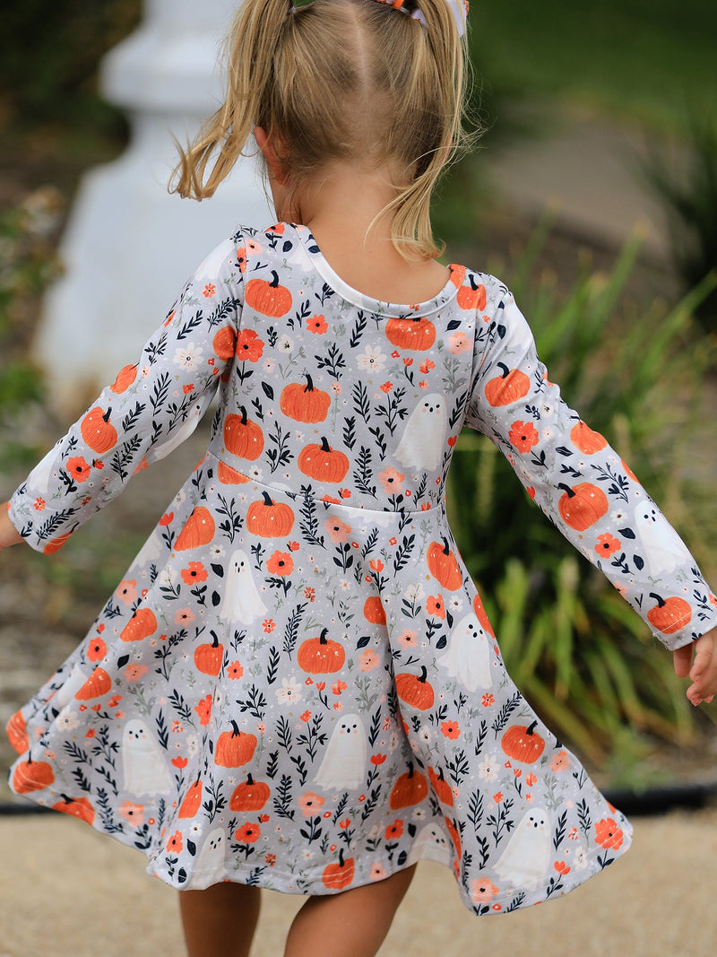 Halloween Pumpkin Ghost Girls Dress Long Sleeve Twirl Dress - 6