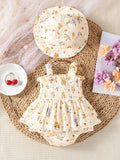 Floral Smocked Baby Romper with Matching Hat - 6