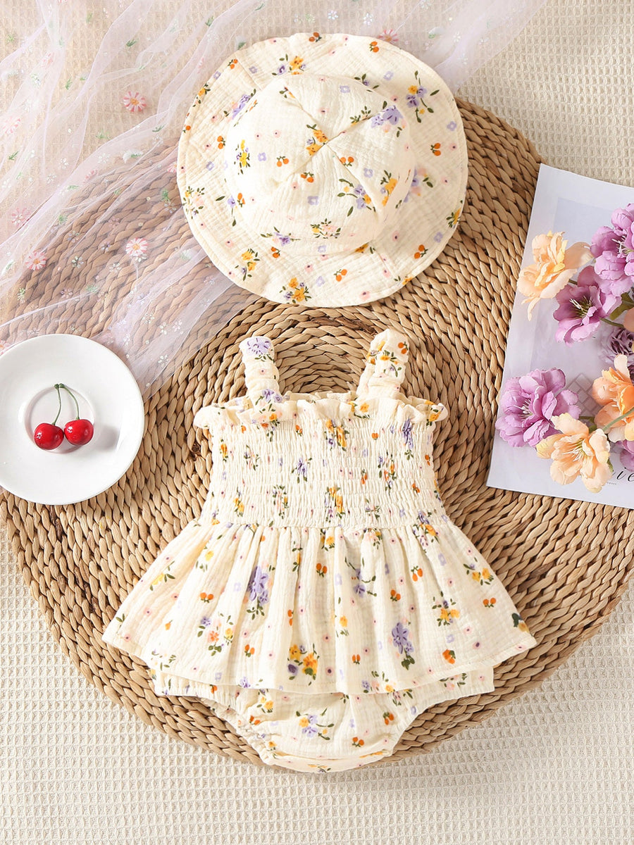 Floral Smocked Baby Romper with Matching Hat