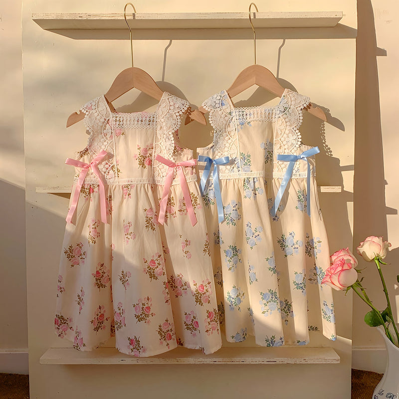 Lace-trimmed Bow Girls' Dress-Pink/Blue - 12