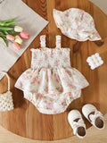 Muslin Summer Floral Print Smocked Baby Girl Romper Set Hat - 6