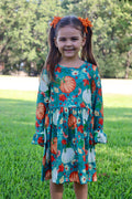 Thanksgiving Day Fall Girls Set Of 2 Pcs In One Package Pumpkin Print Dress - 7