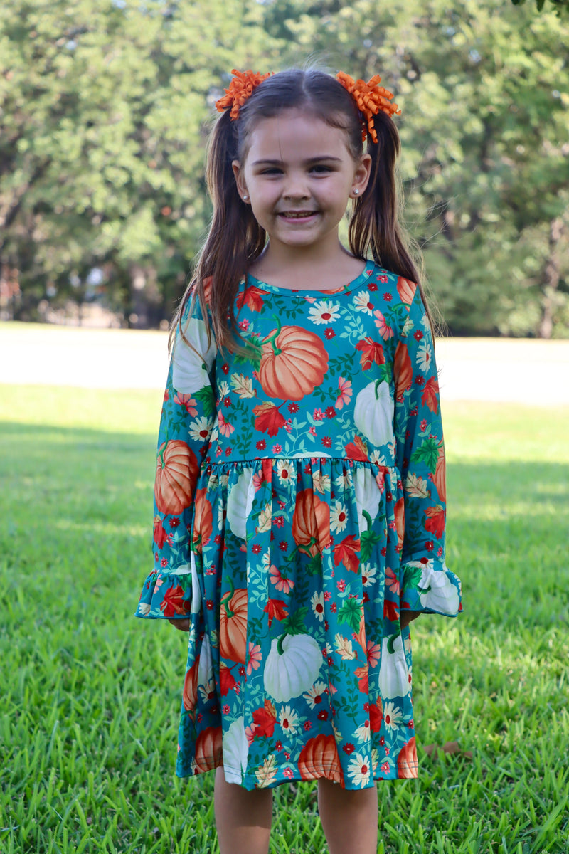 Thanksgiving Day Fall Girls Set Of 2 Pcs In One Package Pumpkin Print Dress - 7