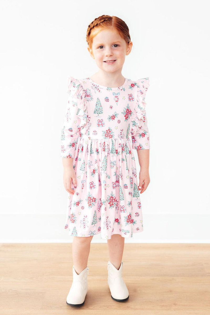 Pink Christmas 3/4 Sleeve Ruffle Twirl Dress - 6