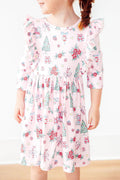 Pink Christmas 3/4 Sleeve Ruffle Twirl Dress - 3