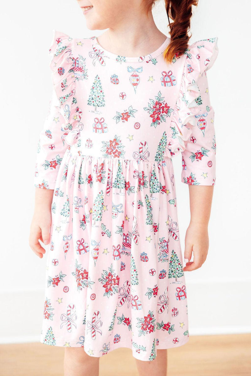 Pink Christmas 3/4 Sleeve Ruffle Twirl Dress - 3