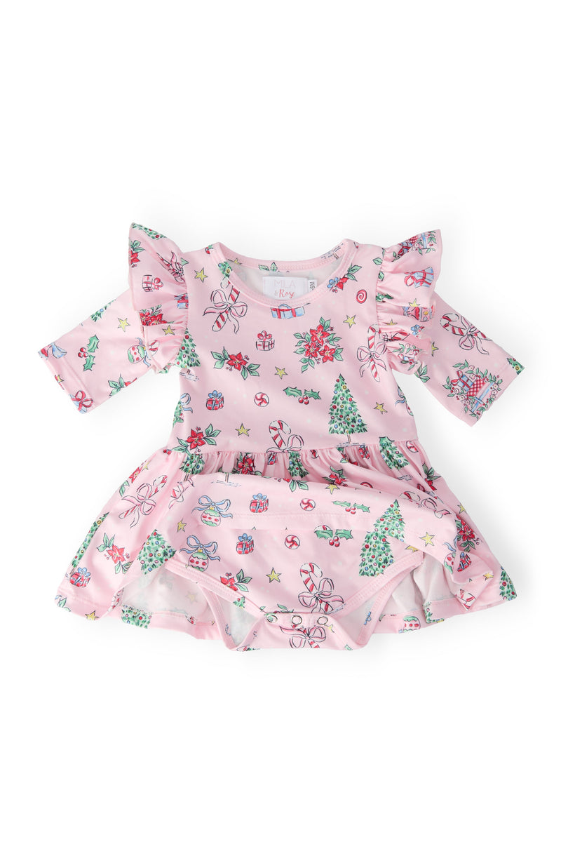 Pink Christmas 3/4 Sleeve Twirl Flutter Bodysuit - 2