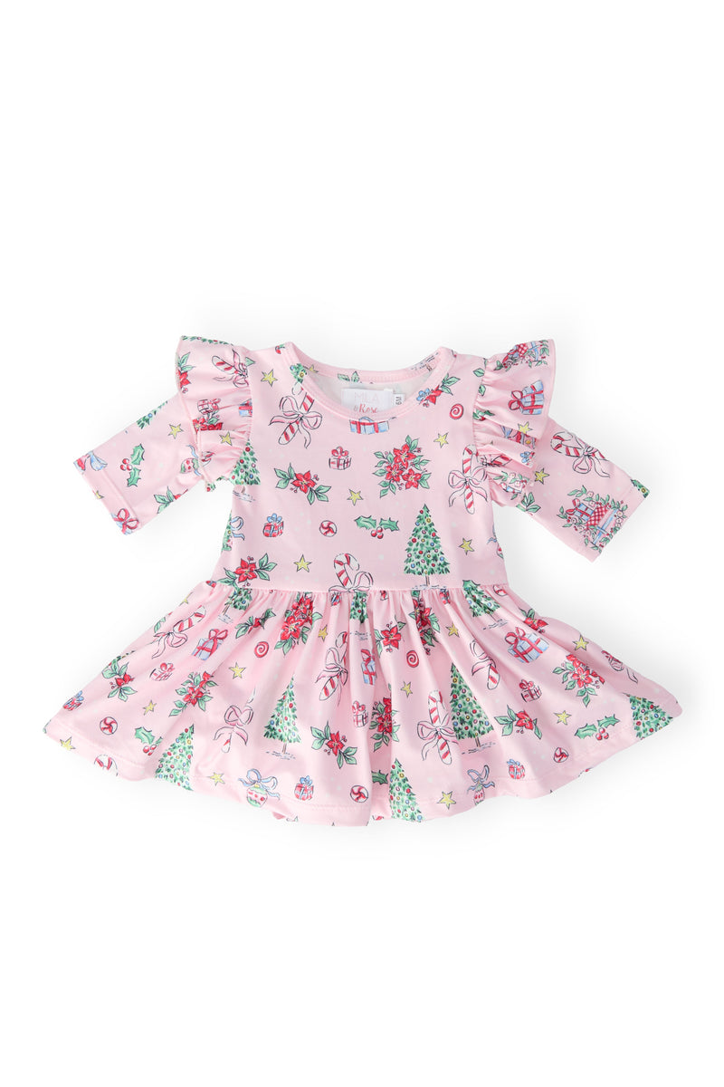 Pink Christmas 3/4 Sleeve Twirl Flutter Bodysuit - 1