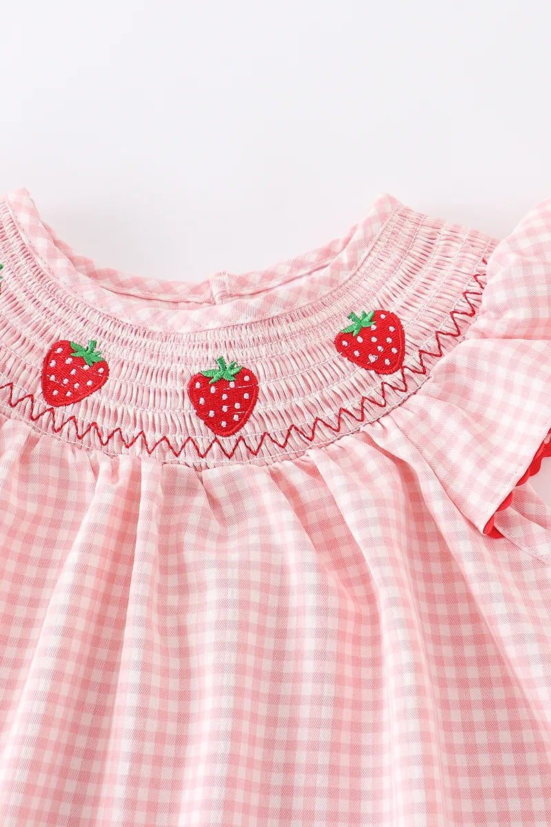 Baby Girls Strawberry Embroidered Plaid Smocked Dress - 13