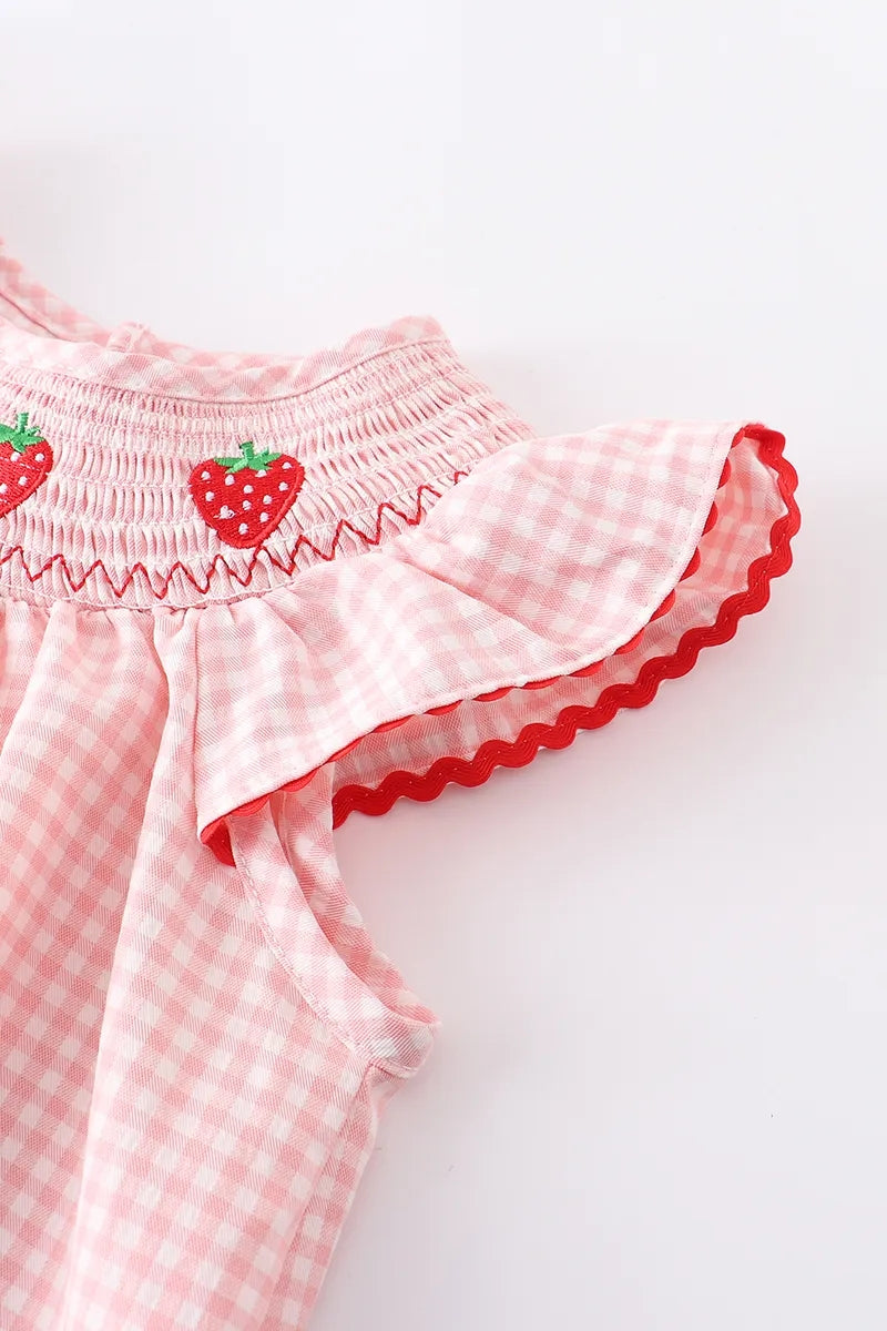 Baby Girls Strawberry Embroidered Plaid Smocked Dress - 14