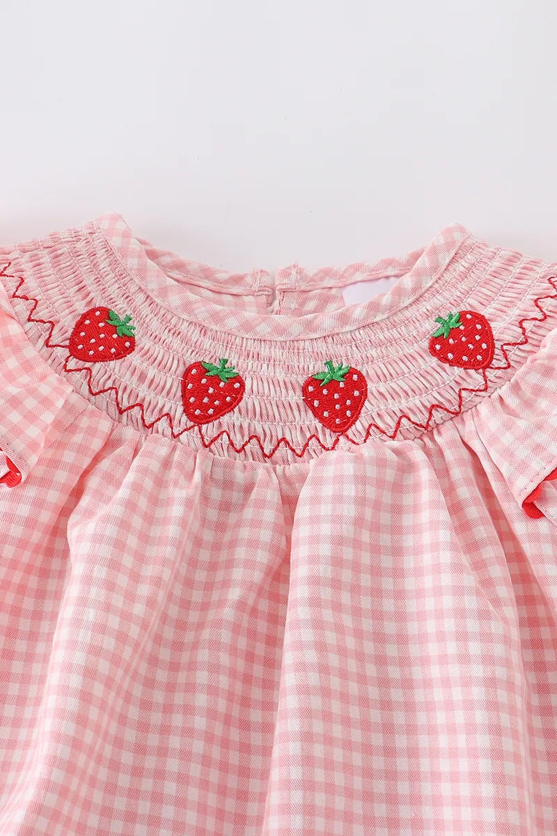 Baby Girls Strawberry Plaid Smocked Romper - 13