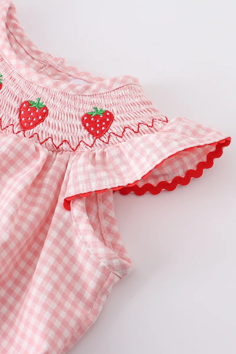 Baby Girls Strawberry Plaid Smocked Romper - 12
