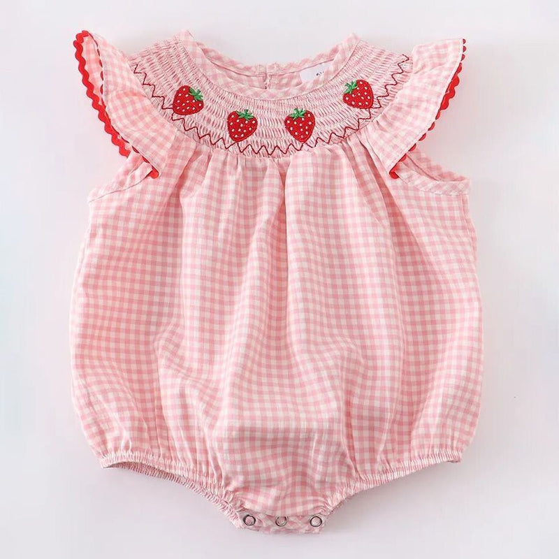 Baby Girls Strawberry Plaid Smocked Romper - 9