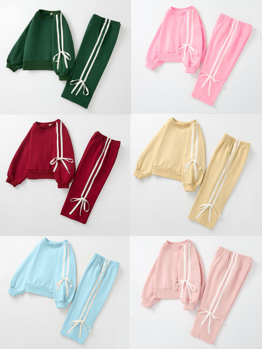 Girls Pink Bow Trim Sweatshirt and Pants Set