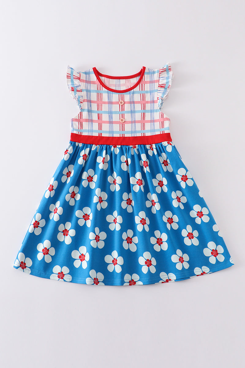 Platinum Blue & white floral print ruffle plaid dress - 1