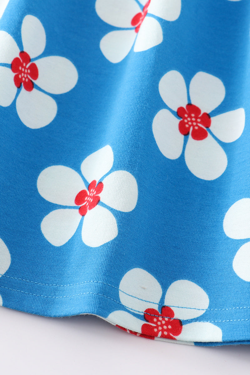 Platinum Blue & white floral print ruffle plaid dress - 3